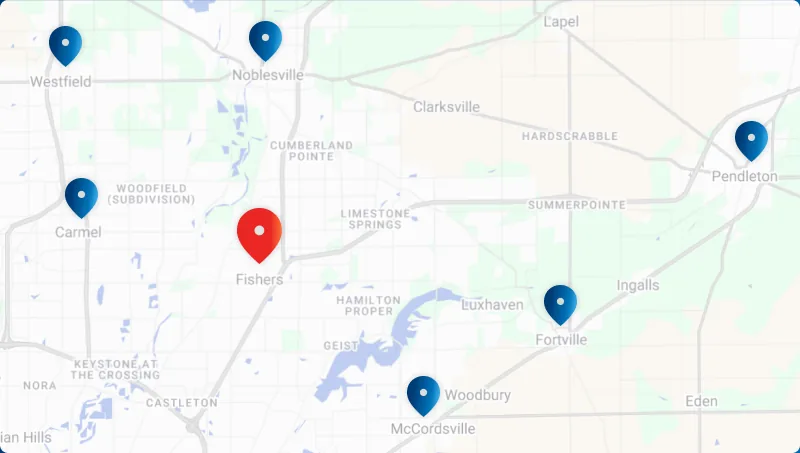 Map of the Harmon Heating & Cooling service area across Fishers and Central Indiana